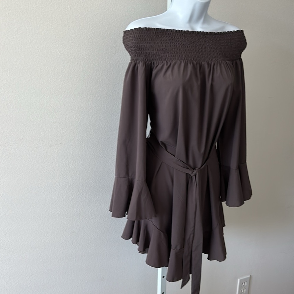 CBR Dress L Brown Off Shoulder Ruffle Bell Sleeve Romantic Dark Fairy Whimsigoth - Picture 15 of 15